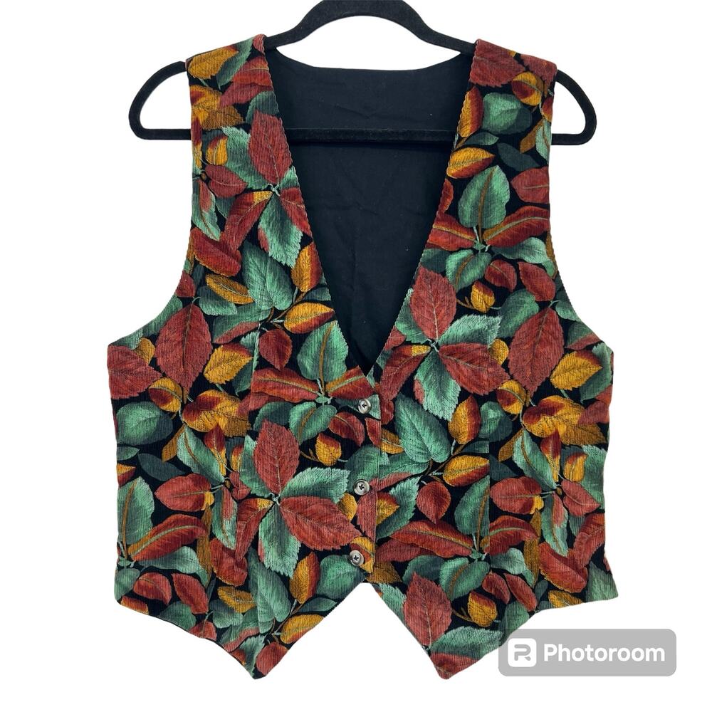Vintage Corduroy Vest 90s Fall Plants Retro Academia Button Front Medium